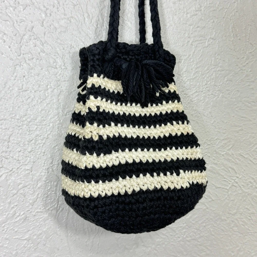 Handmade Crochet Hobo Bucket Bag Stripe Boho Festival Western Fringe Cream Black